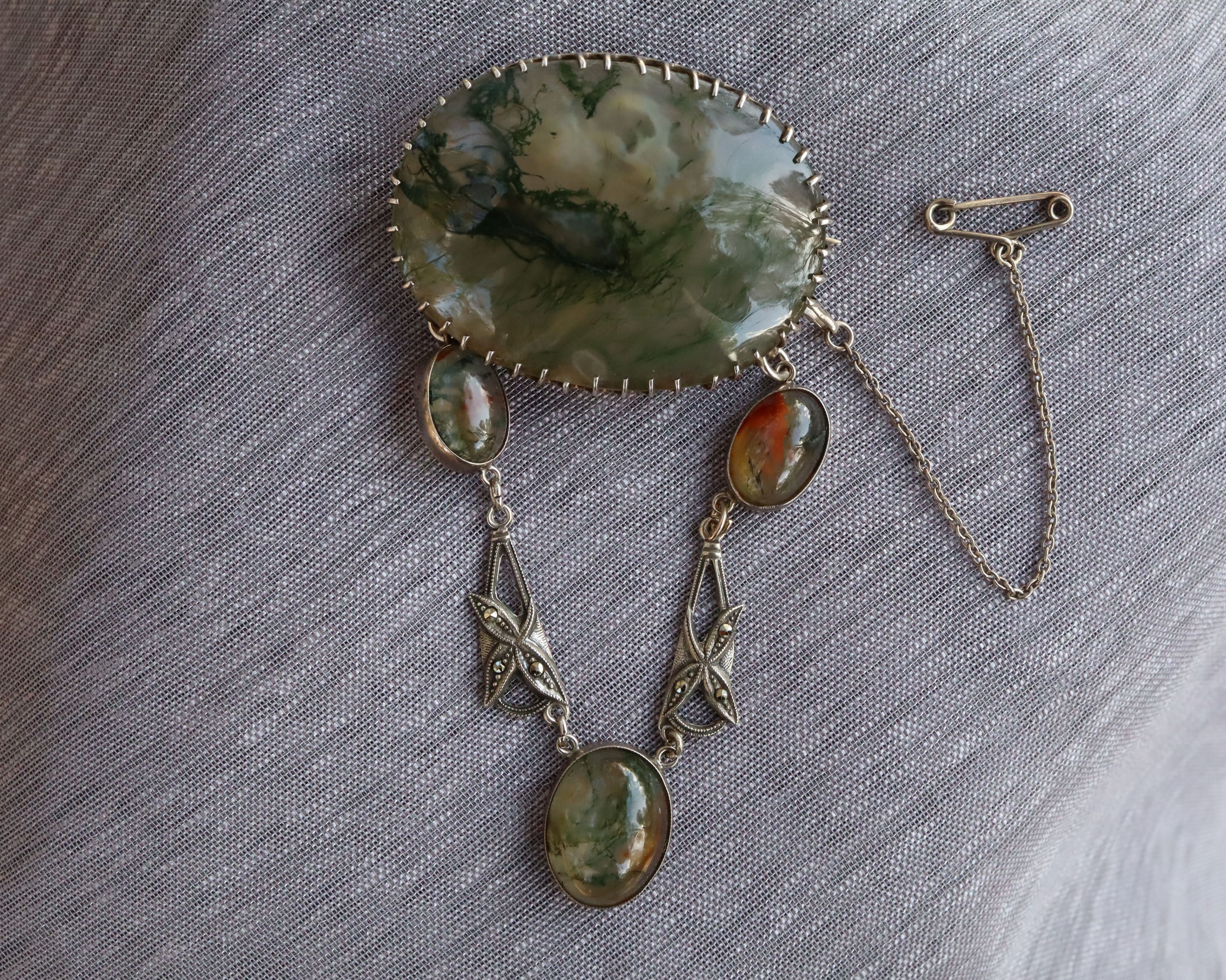 Moss Agate Brooch in Sterling Silver c.1920