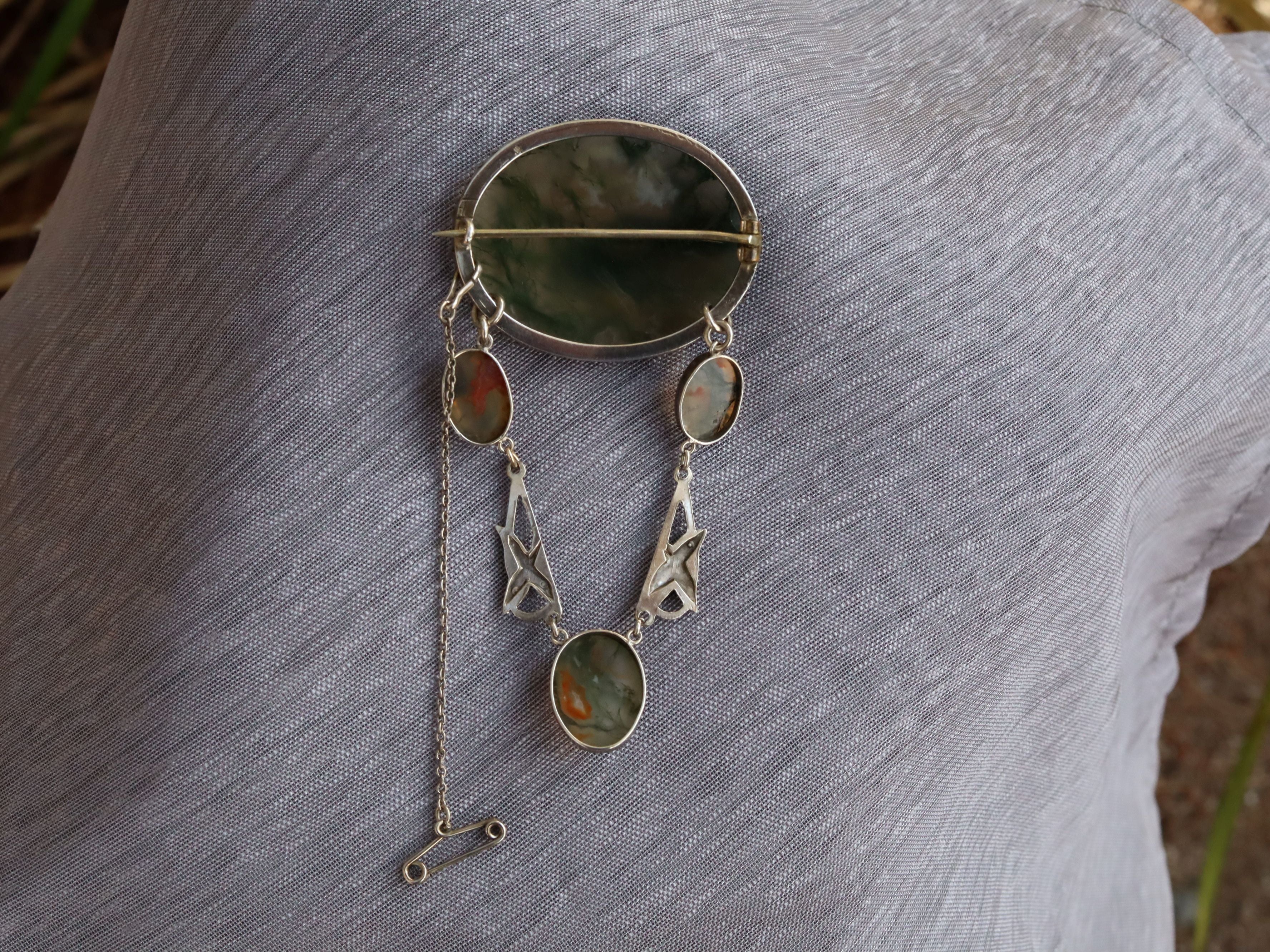 Moss Agate Brooch in Sterling Silver c.1920