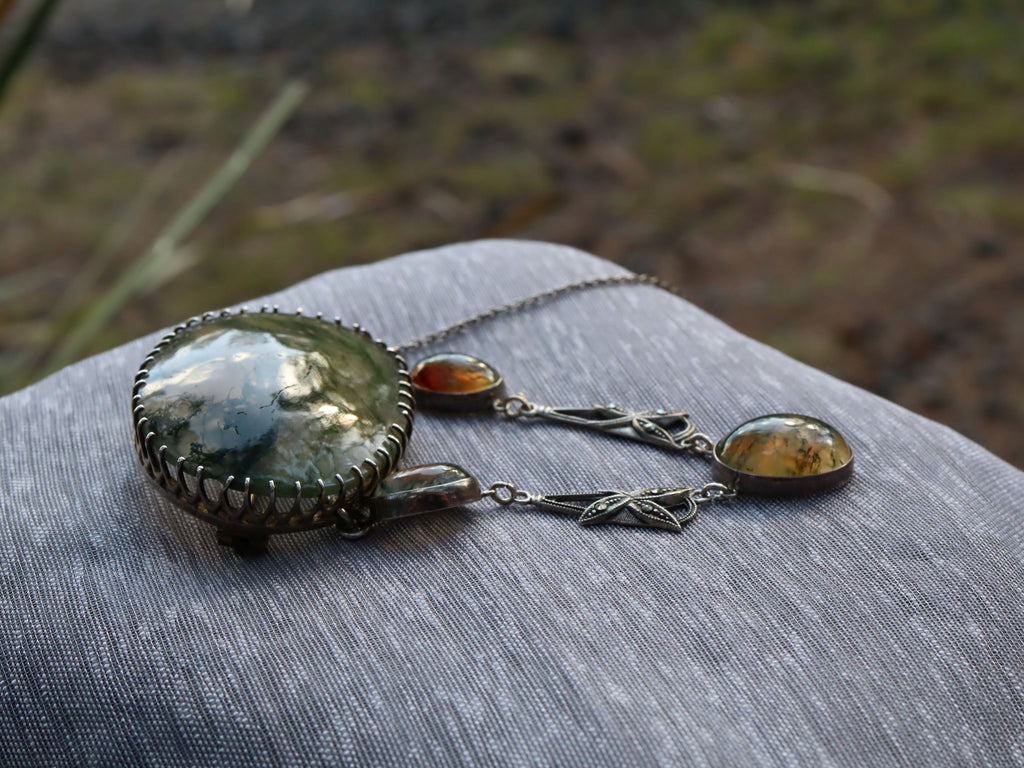 Moss Agate Brooch in Sterling Silver c.1920