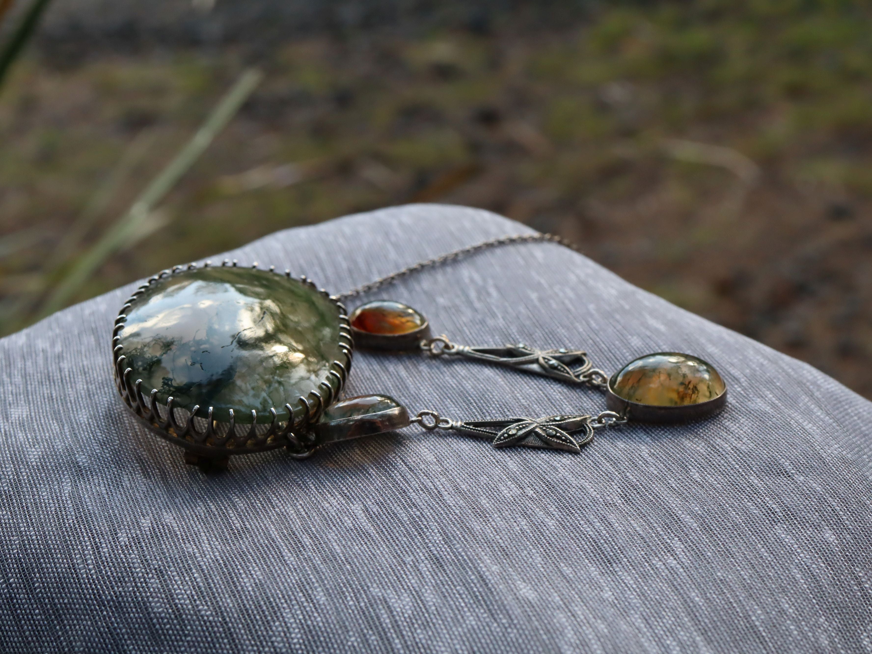 Moss Agate Brooch in Sterling Silver c.1920