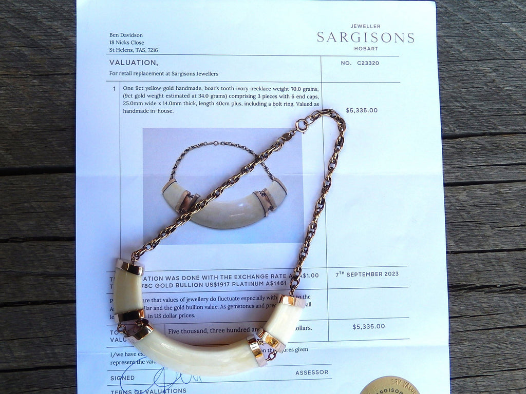 Handmade Boar's Tooth Necklace in 9ct Gold