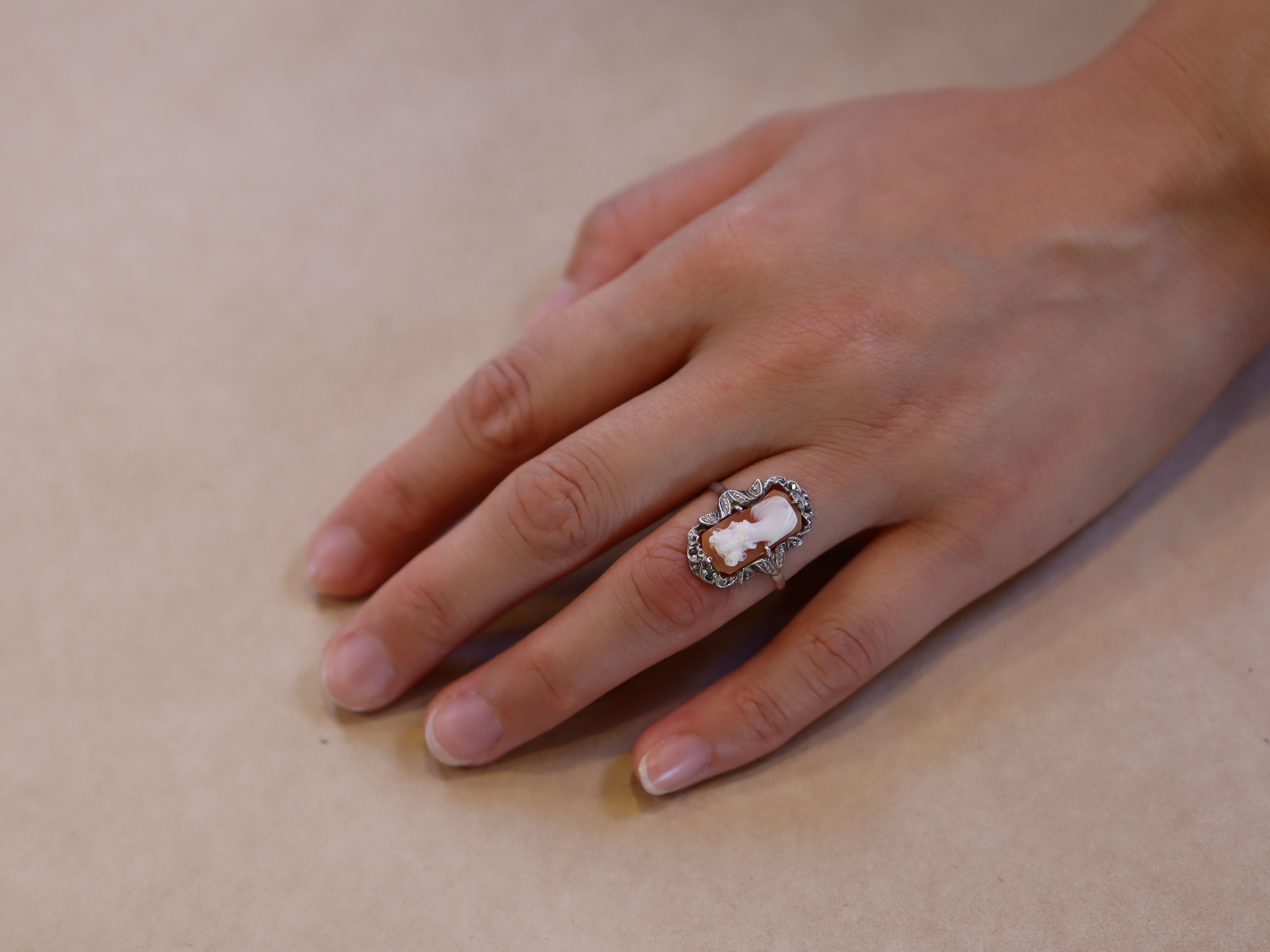 Carved Shell Cameo and Marcasite in Sterling