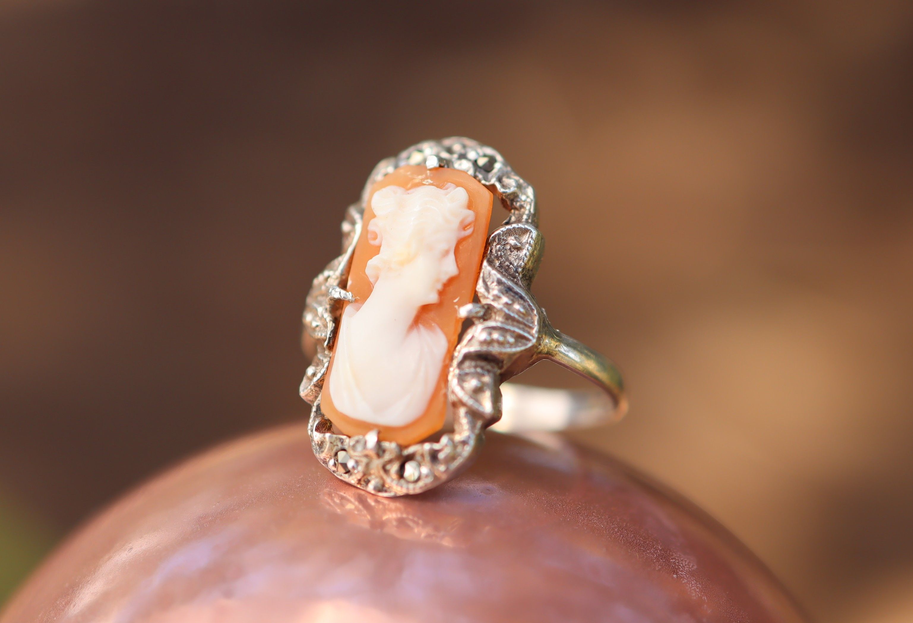 Carved Shell Cameo and Marcasite in Sterling