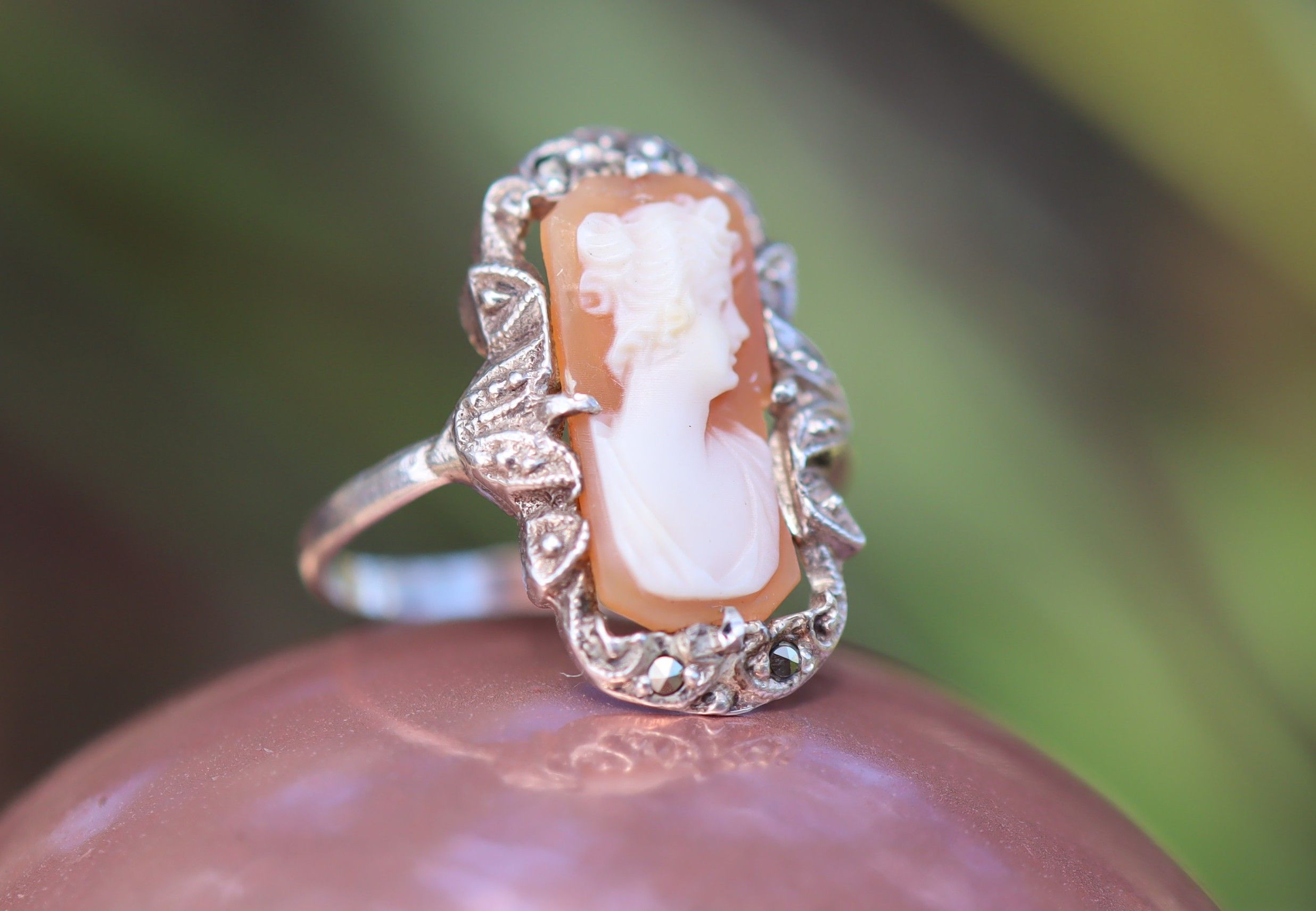 Carved Shell Cameo and Marcasite in Sterling