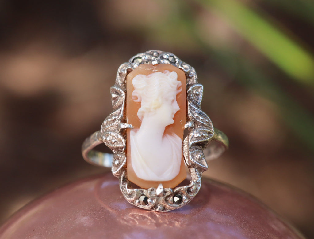 Carved Shell Cameo and Marcasite in Sterling