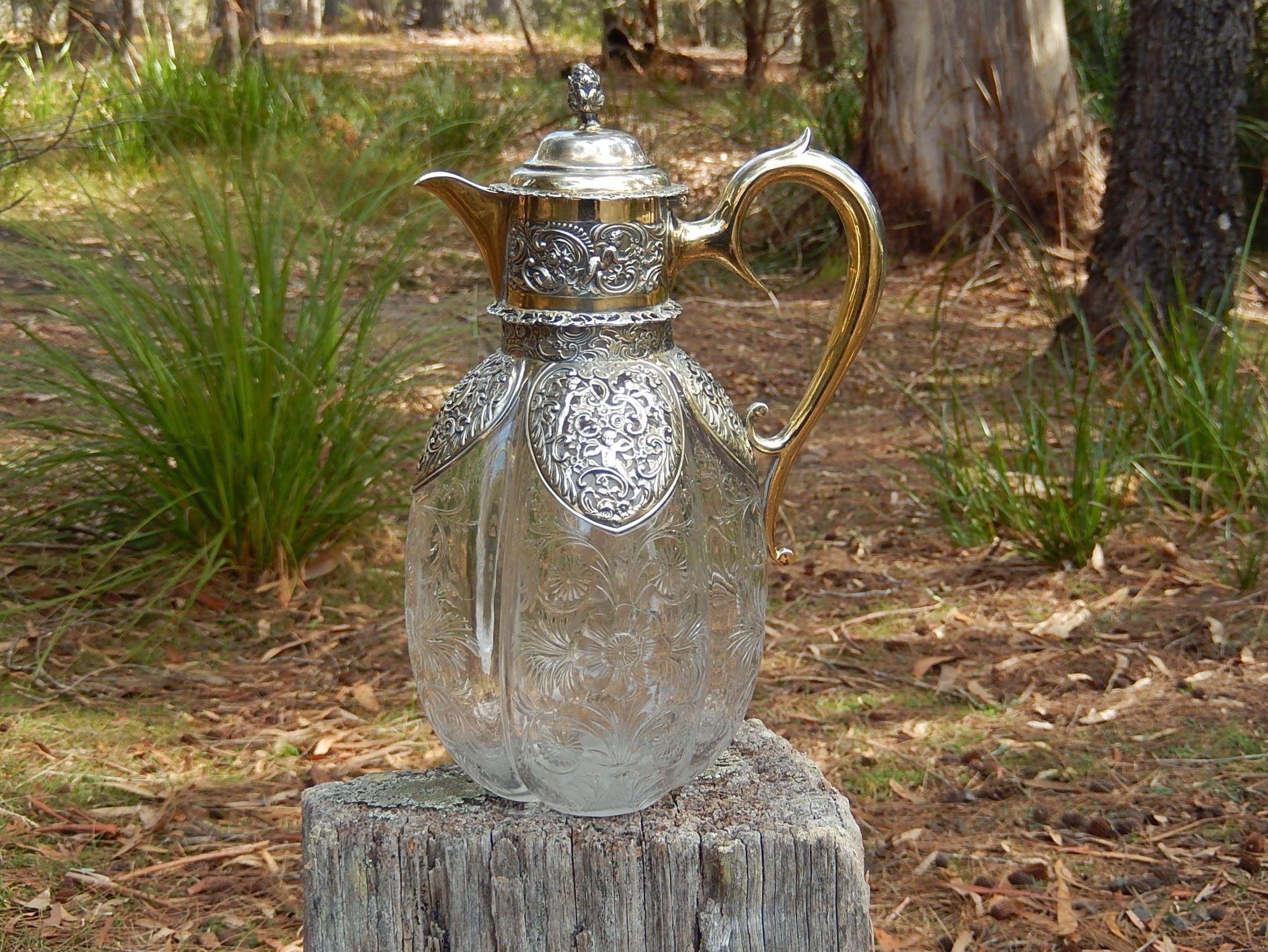 Edwardian Claret Jug - Pressed Glass and Gilded Sterling Silver
