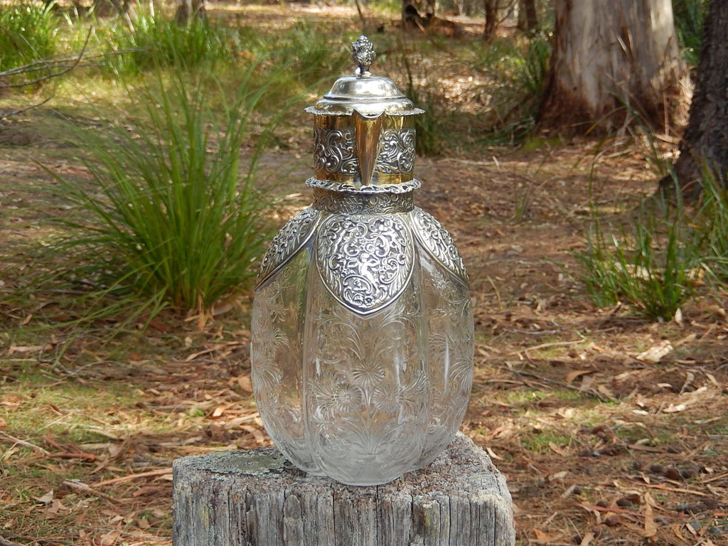 Edwardian Claret Jug - Pressed Glass and Gilded Sterling Silver