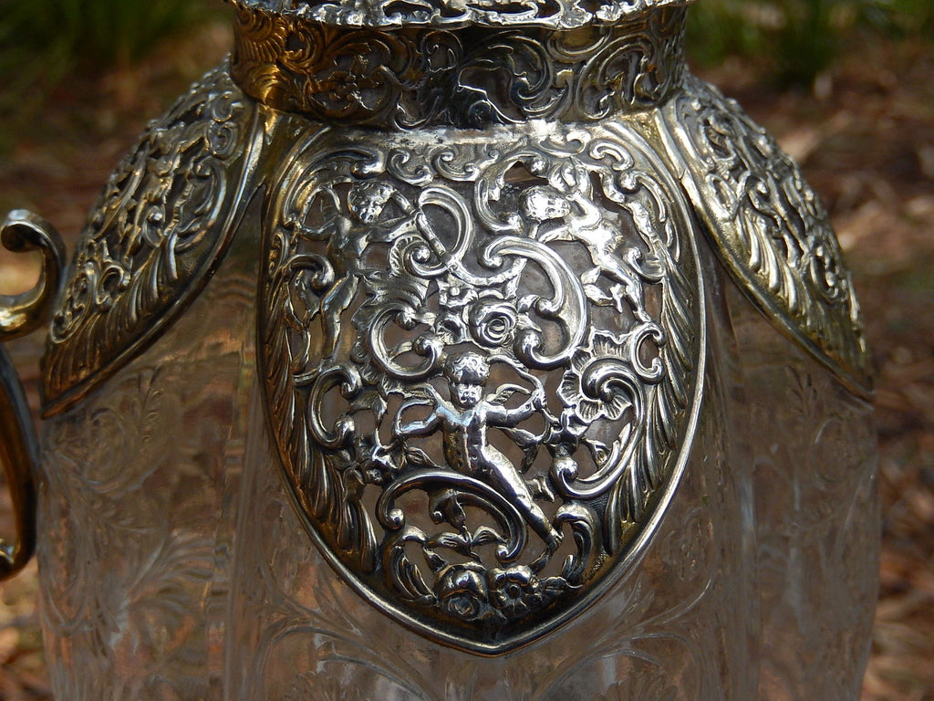 Edwardian Claret Jug - Pressed Glass and Gilded Sterling Silver
