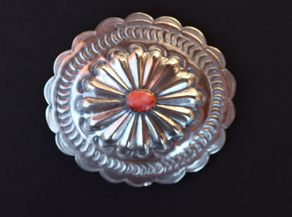 Navajo Sterling Concho Brooch with Red Coral