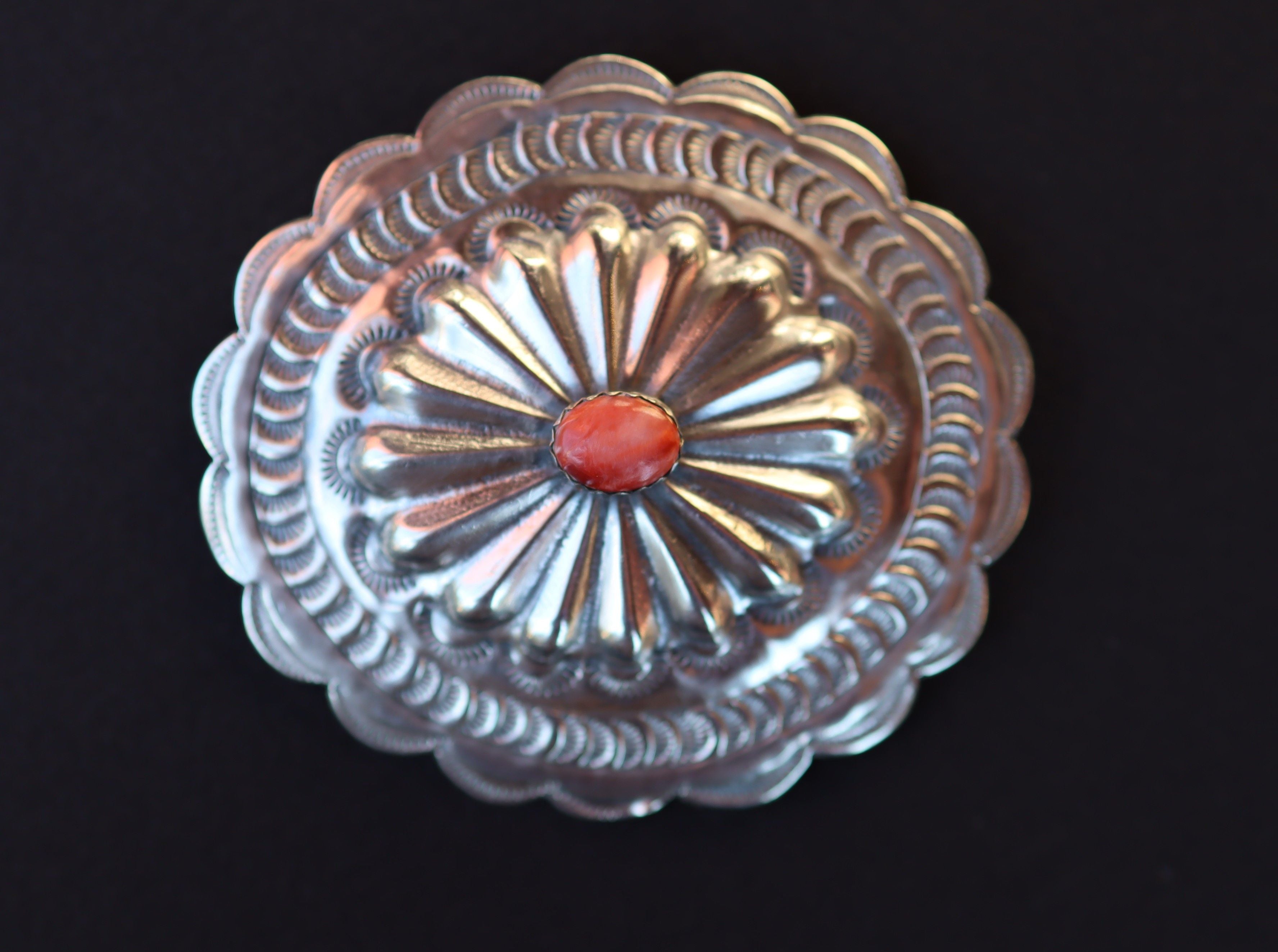 Navajo Sterling Concho Brooch with Red Coral