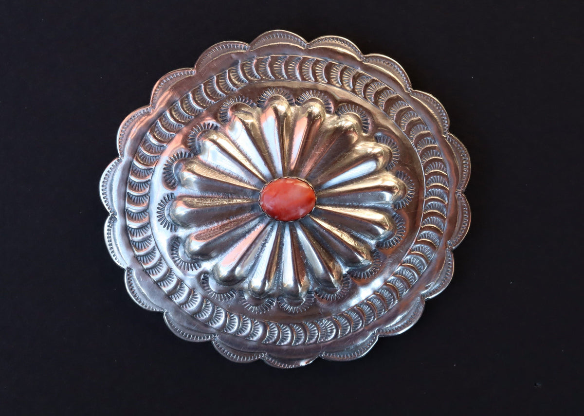 Navajo Sterling Concho Brooch with Red Coral