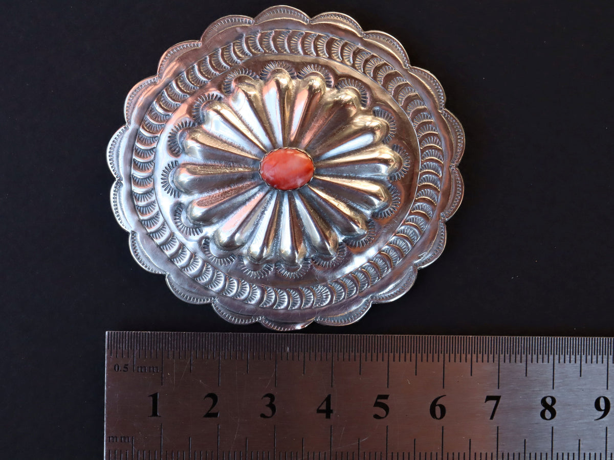Navajo Sterling Concho Brooch with Red Coral
