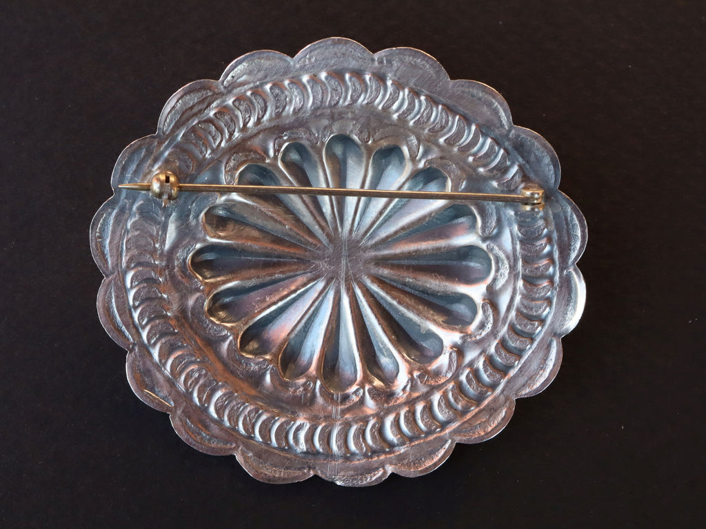 Navajo Sterling Concho Brooch with Red Coral
