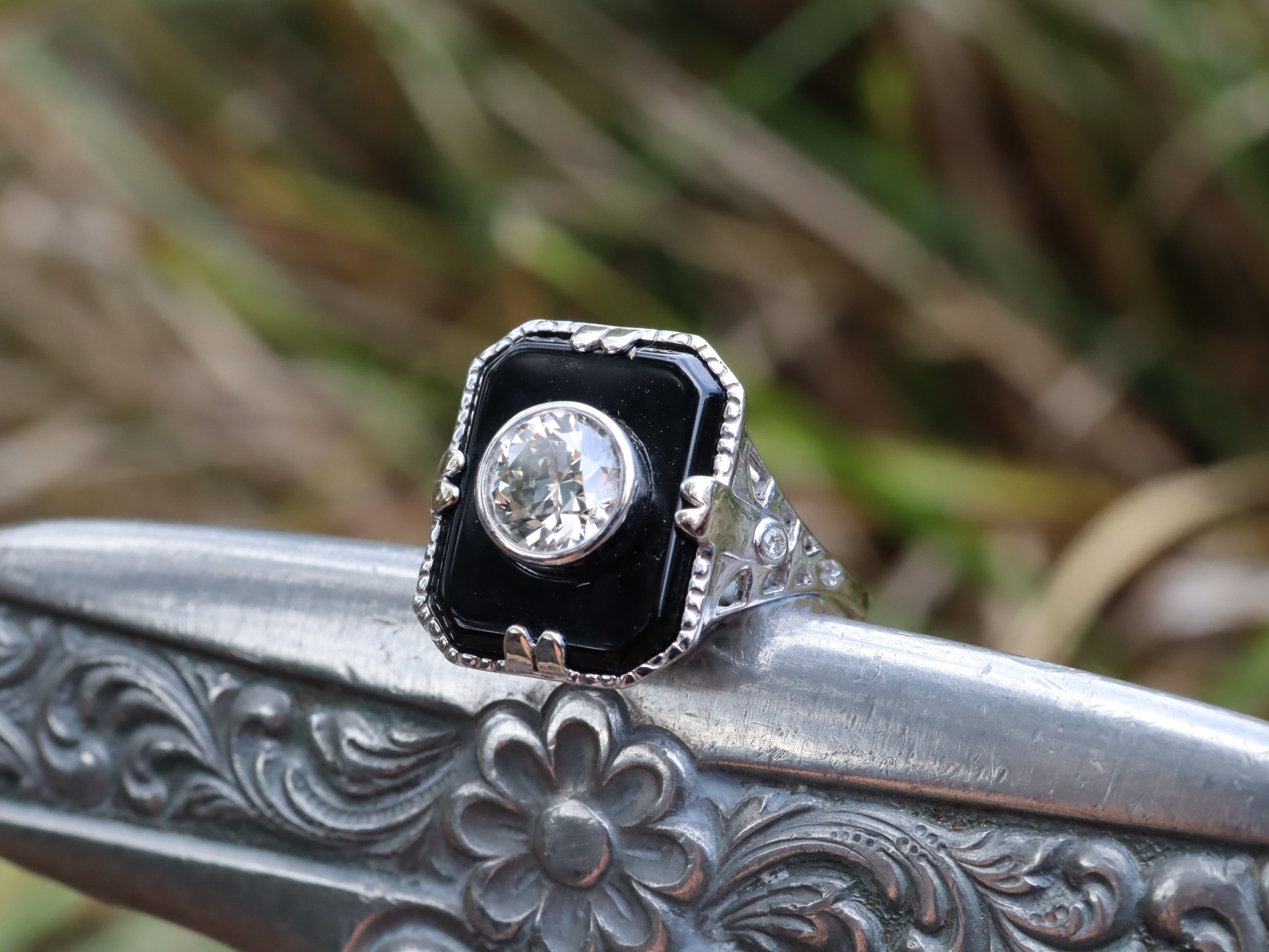 1ct Diamond and Onyx Ring in 14ct White Gold
