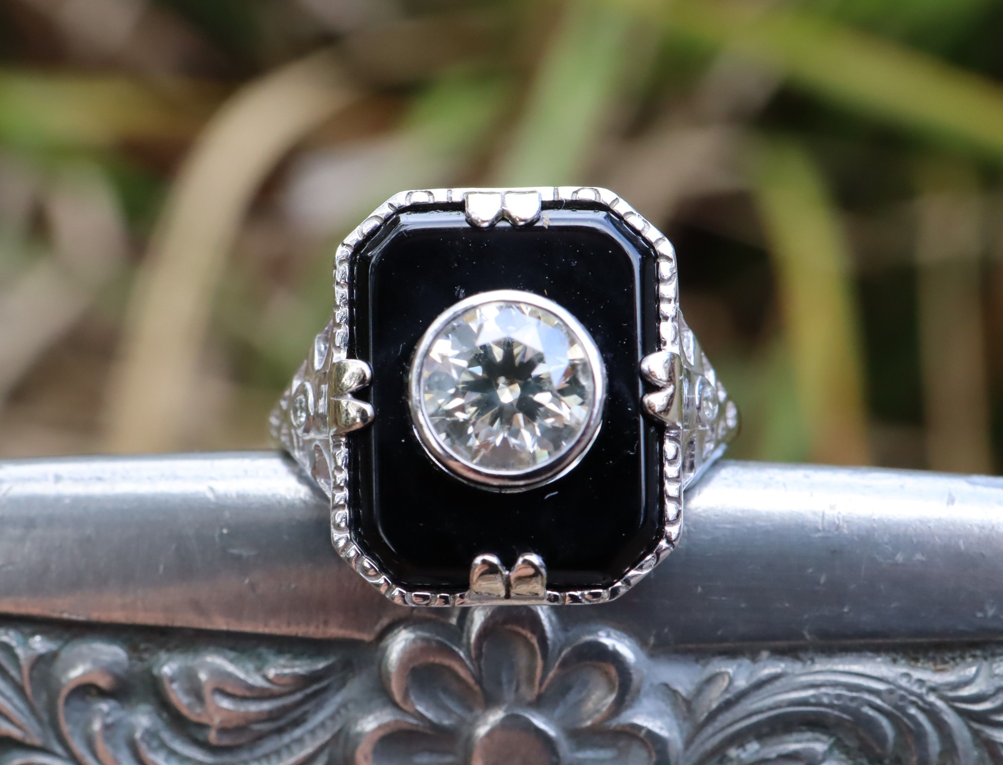 1ct Diamond and Onyx Ring in 14ct White Gold