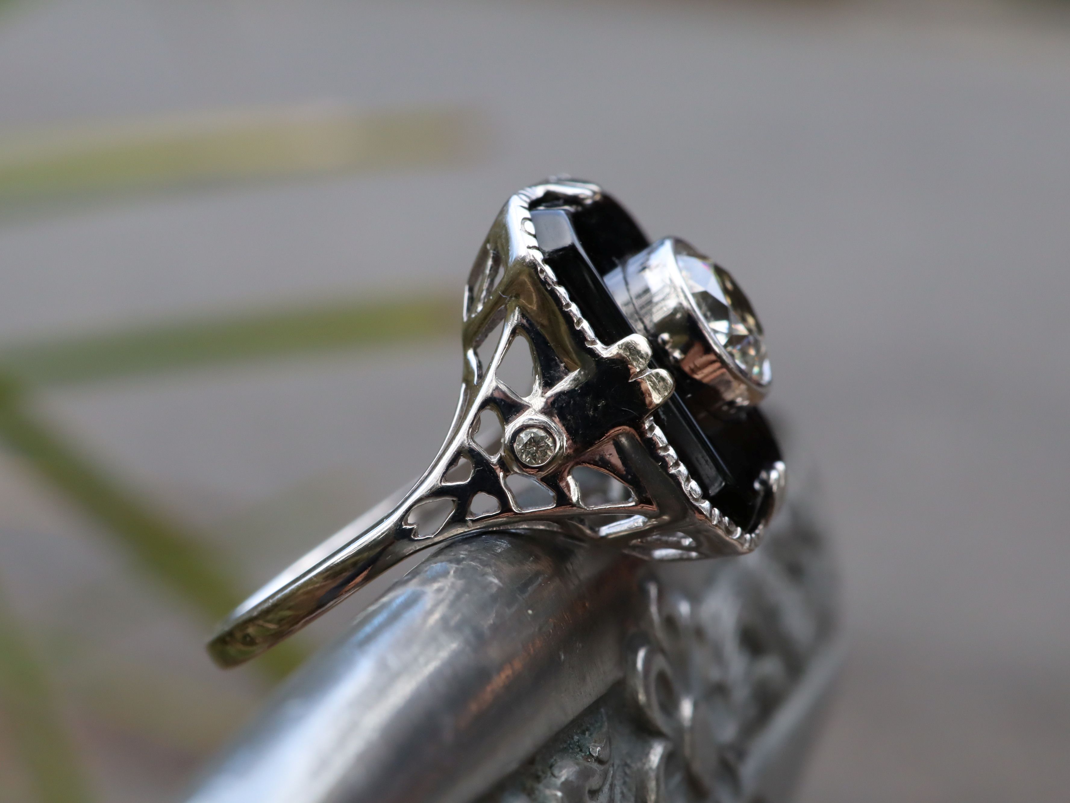 1ct Diamond and Onyx Ring in 14ct White Gold