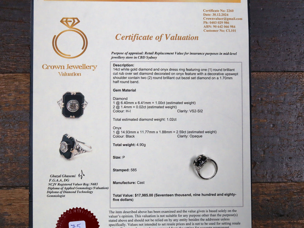 1ct Diamond and Onyx Ring in 14ct White Gold