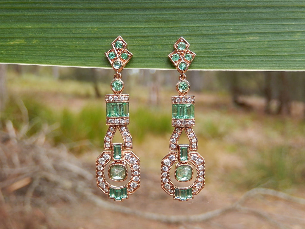 Colombian Emerald and Diamond Art Deco Style Earrings in 18ct Rose Gold