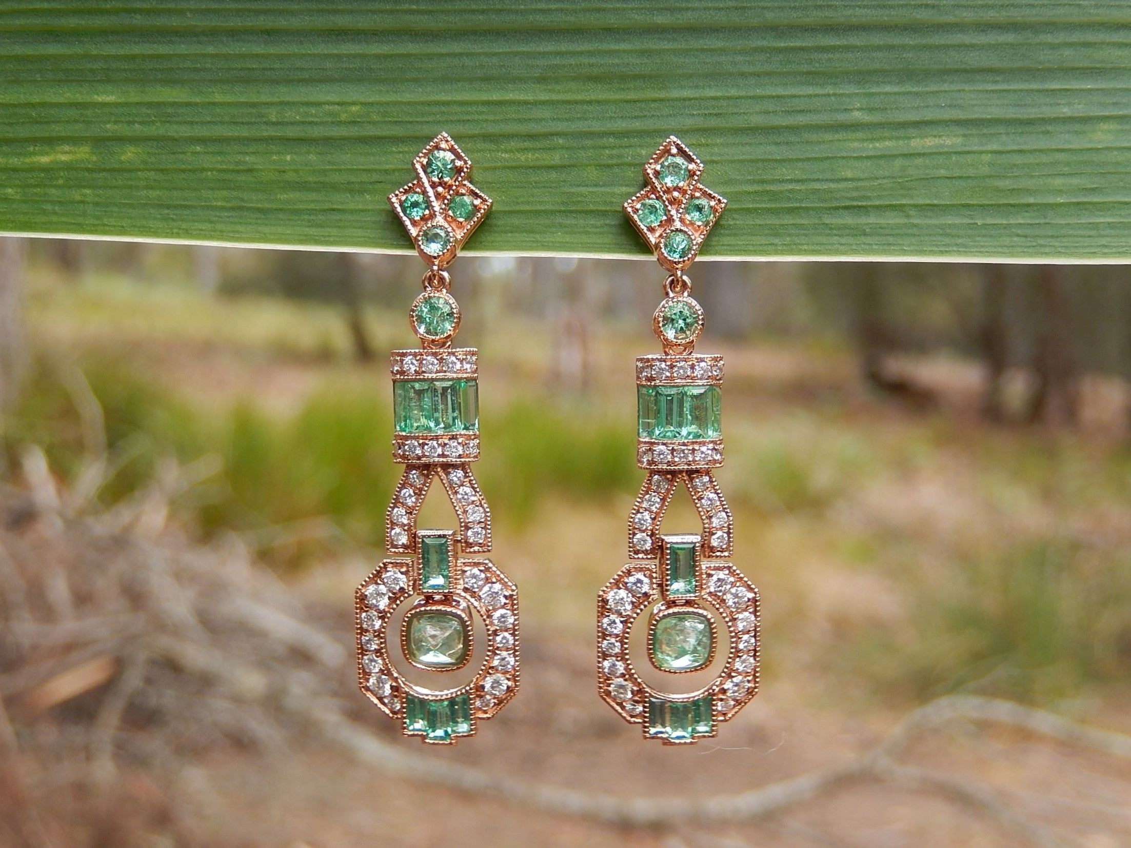Colombian Emerald and Diamond Art Deco Style Earrings in 18ct Rose Gold