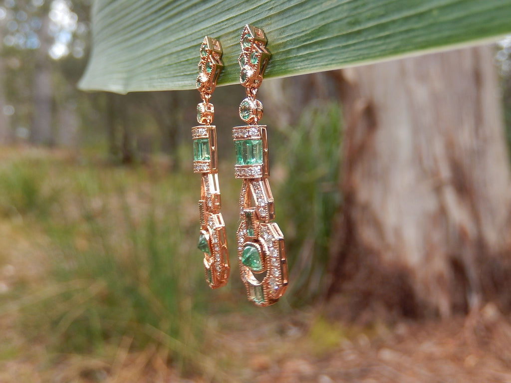 Colombian Emerald and Diamond Art Deco Style Earrings in 18ct Rose Gold