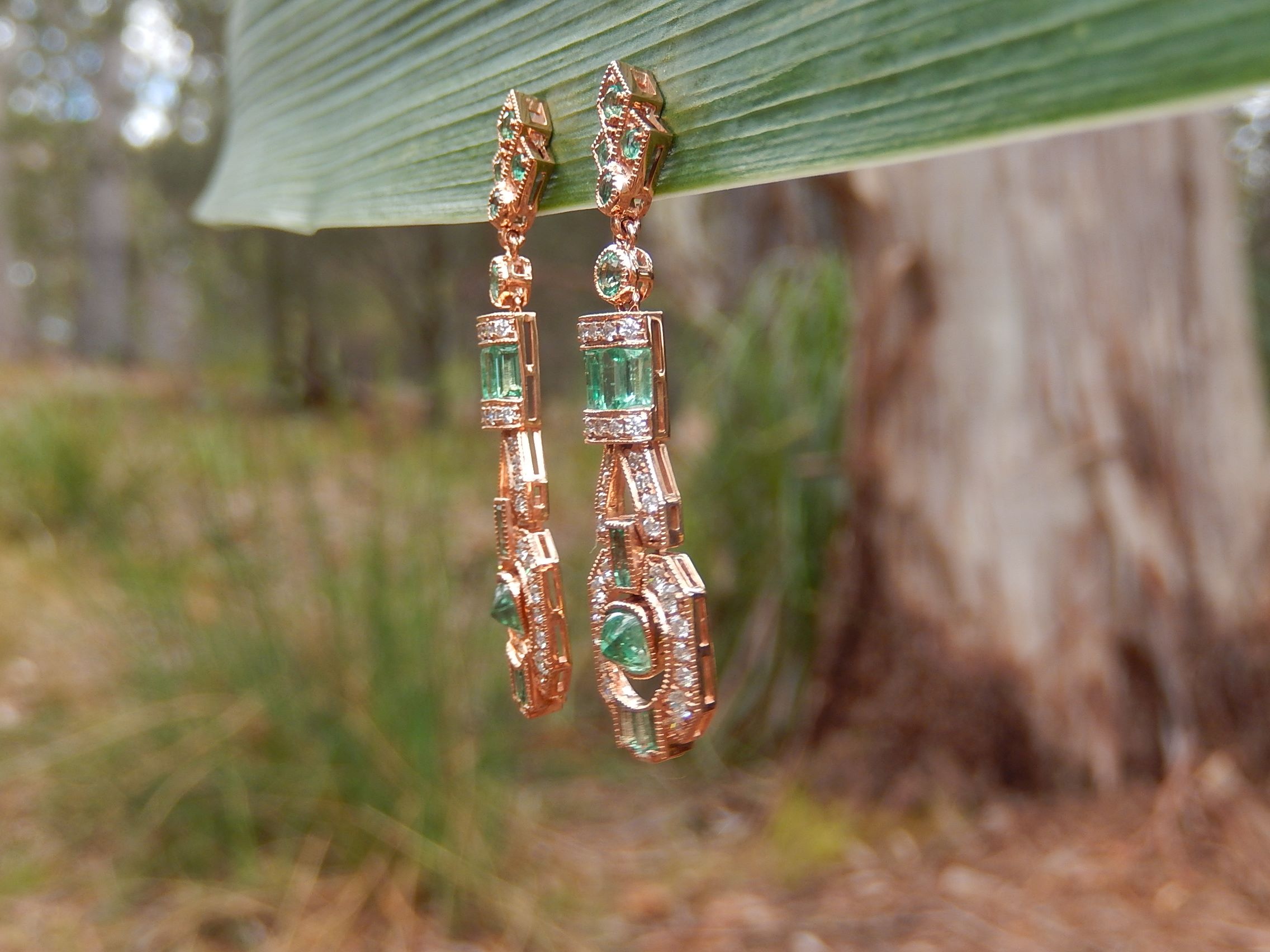 Colombian Emerald and Diamond Art Deco Style Earrings in 18ct Rose Gold