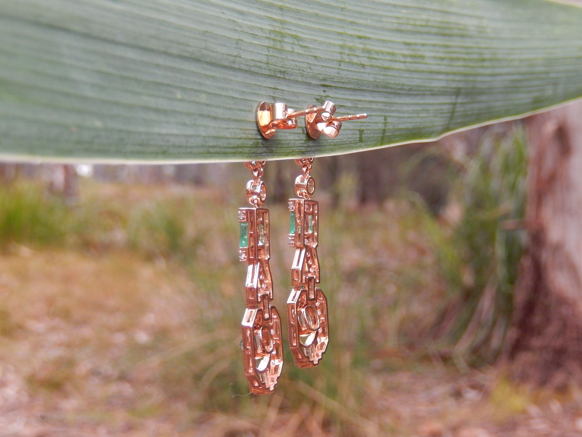 Colombian Emerald and Diamond Art Deco Style Earrings in 18ct Rose Gold