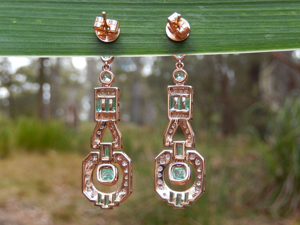 Colombian Emerald and Diamond Art Deco Style Earrings in 18ct Rose Gold