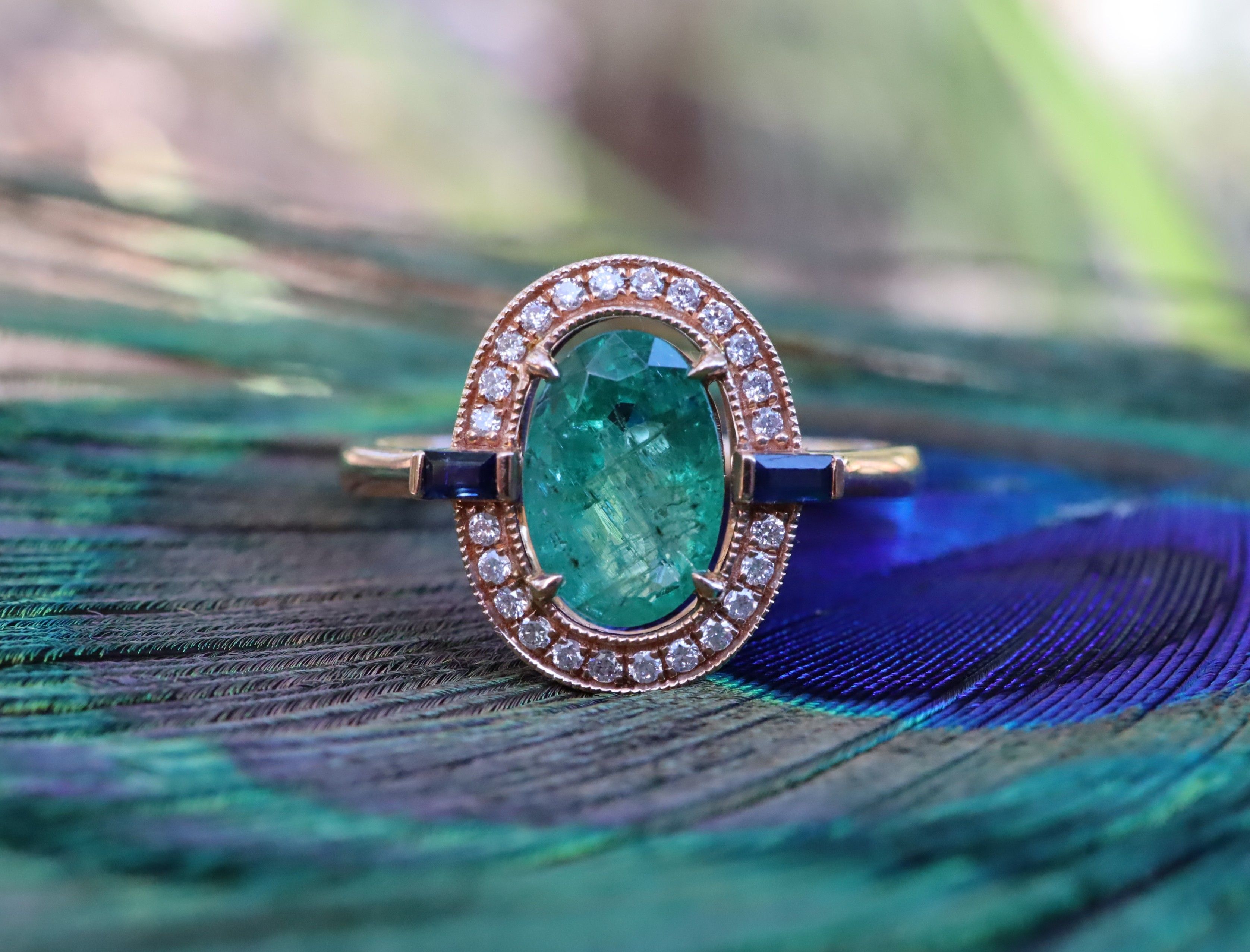 Emerald, Sapphire and Diamond Ring in 18ct Rose Gold