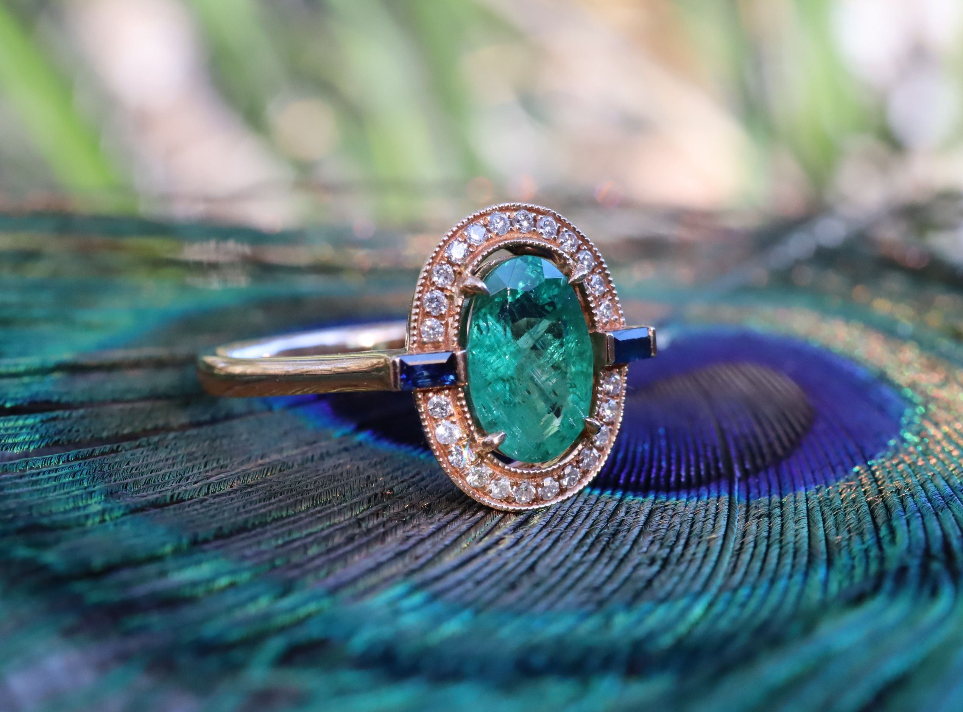 Emerald, Sapphire and Diamond Ring in 18ct Rose Gold