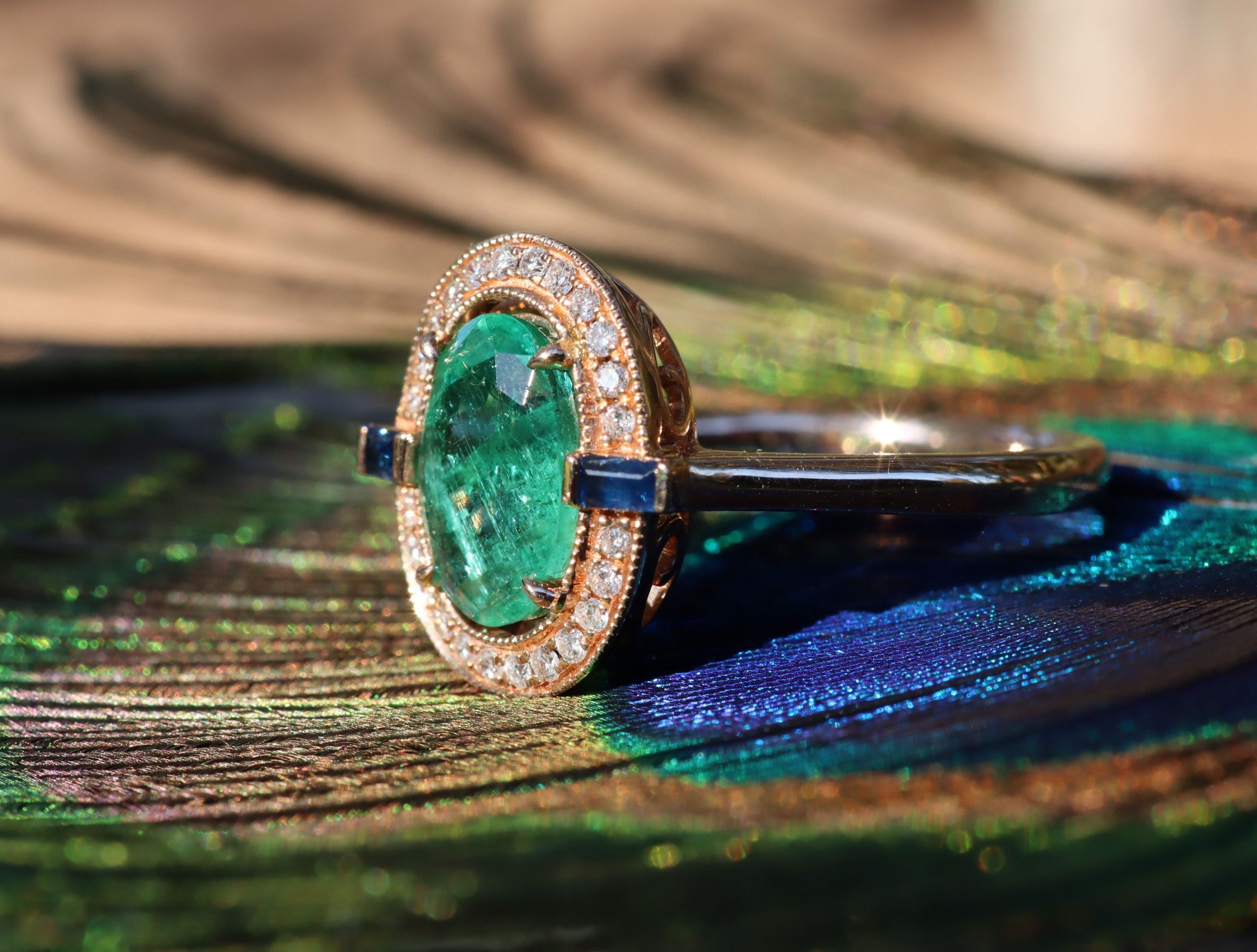 Emerald, Sapphire and Diamond Ring in 18ct Rose Gold