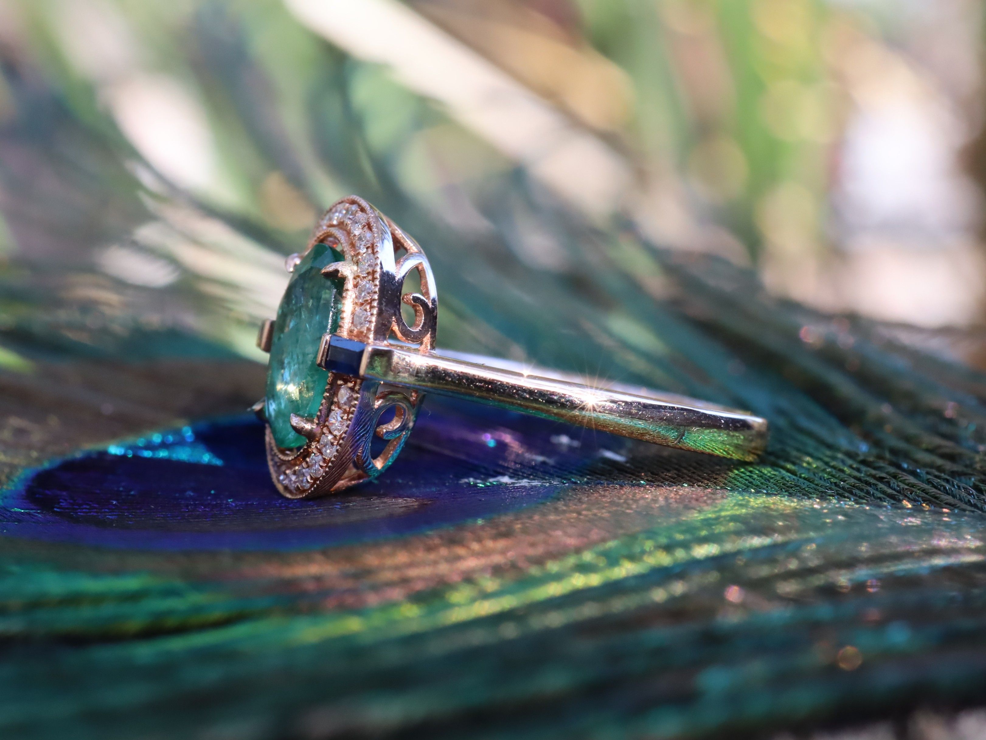 Emerald, Sapphire and Diamond Ring in 18ct Rose Gold