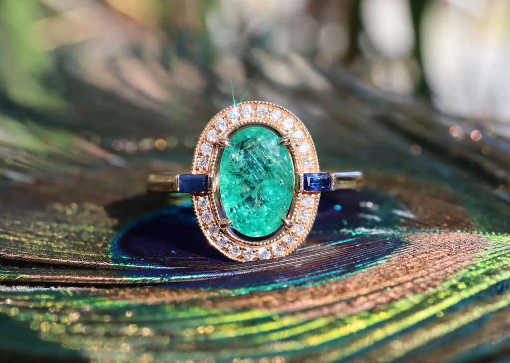 Emerald, Sapphire and Diamond Ring in 18ct Rose Gold