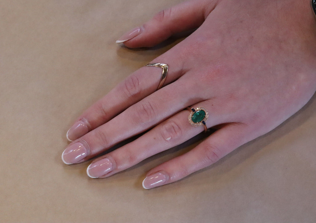 Emerald, Sapphire and Diamond Ring in 18ct Rose Gold