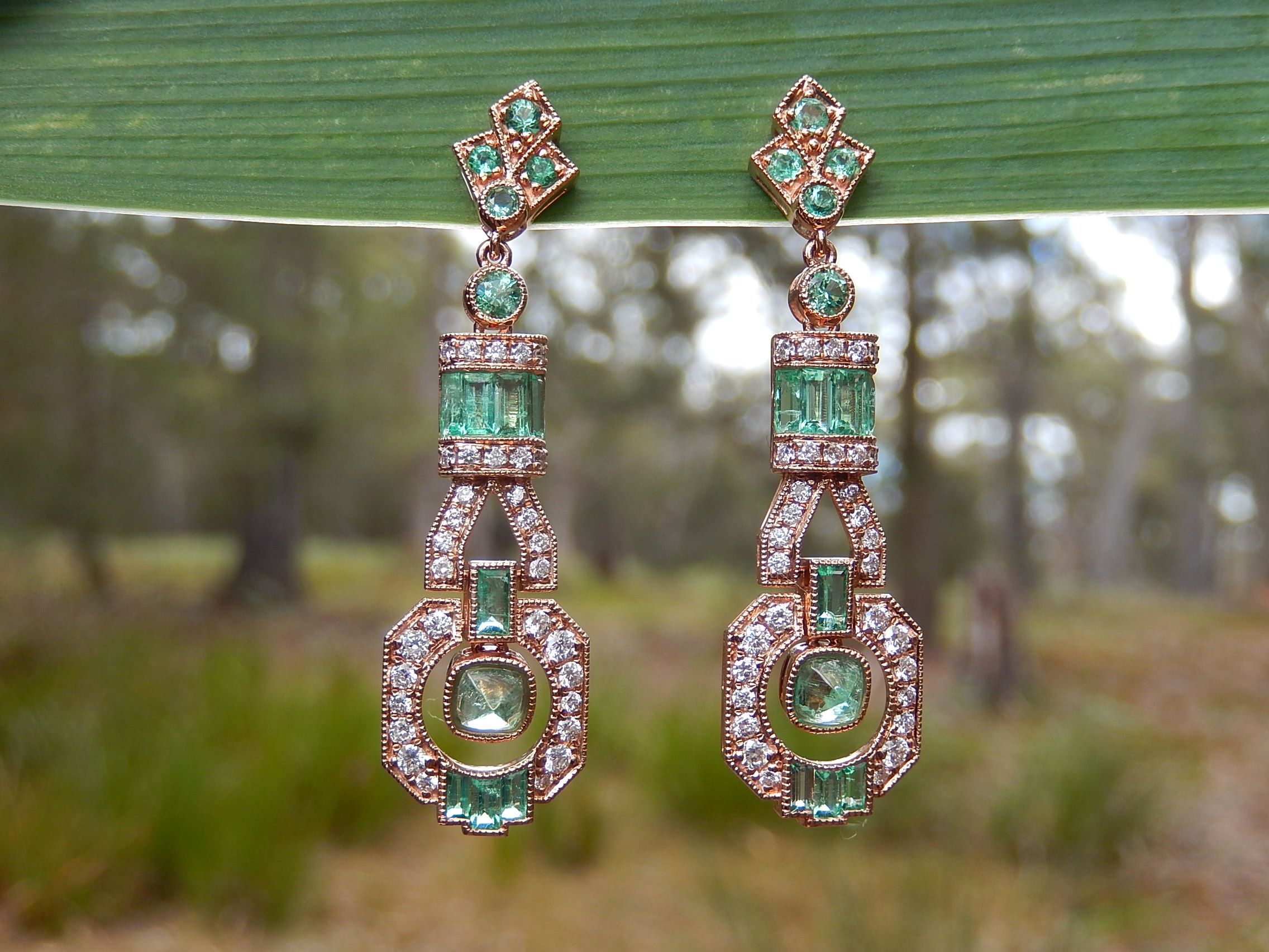 Colombian Emerald and Diamond Art Deco Style Earrings in 18ct Rose Gold