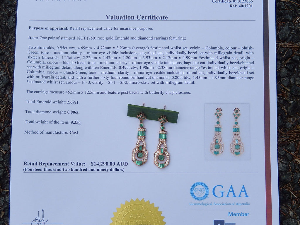 Colombian Emerald and Diamond Art Deco Style Earrings in 18ct Rose Gold