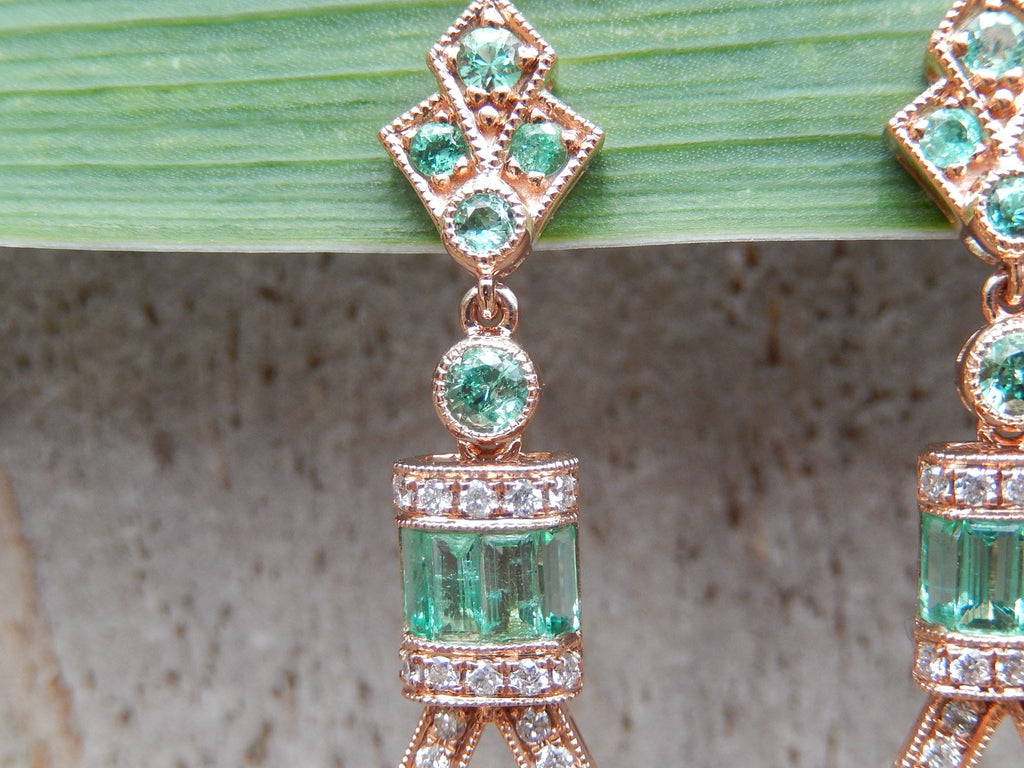 Colombian Emerald and Diamond Art Deco Style Earrings in 18ct Rose Gold
