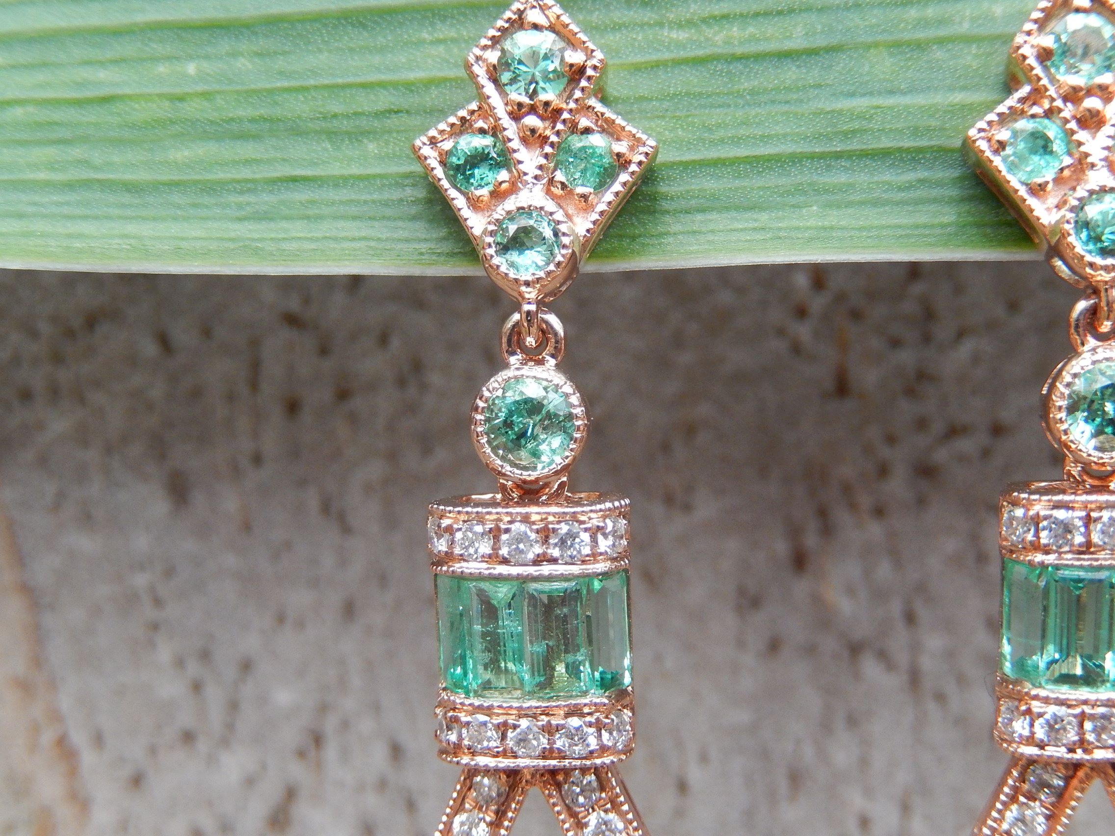 Colombian Emerald and Diamond Art Deco Style Earrings in 18ct Rose Gold