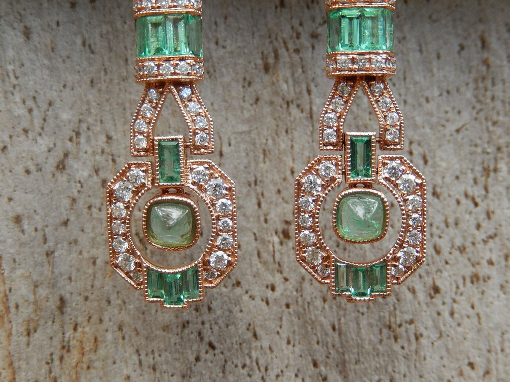 Colombian Emerald and Diamond Art Deco Style Earrings in 18ct Rose Gold