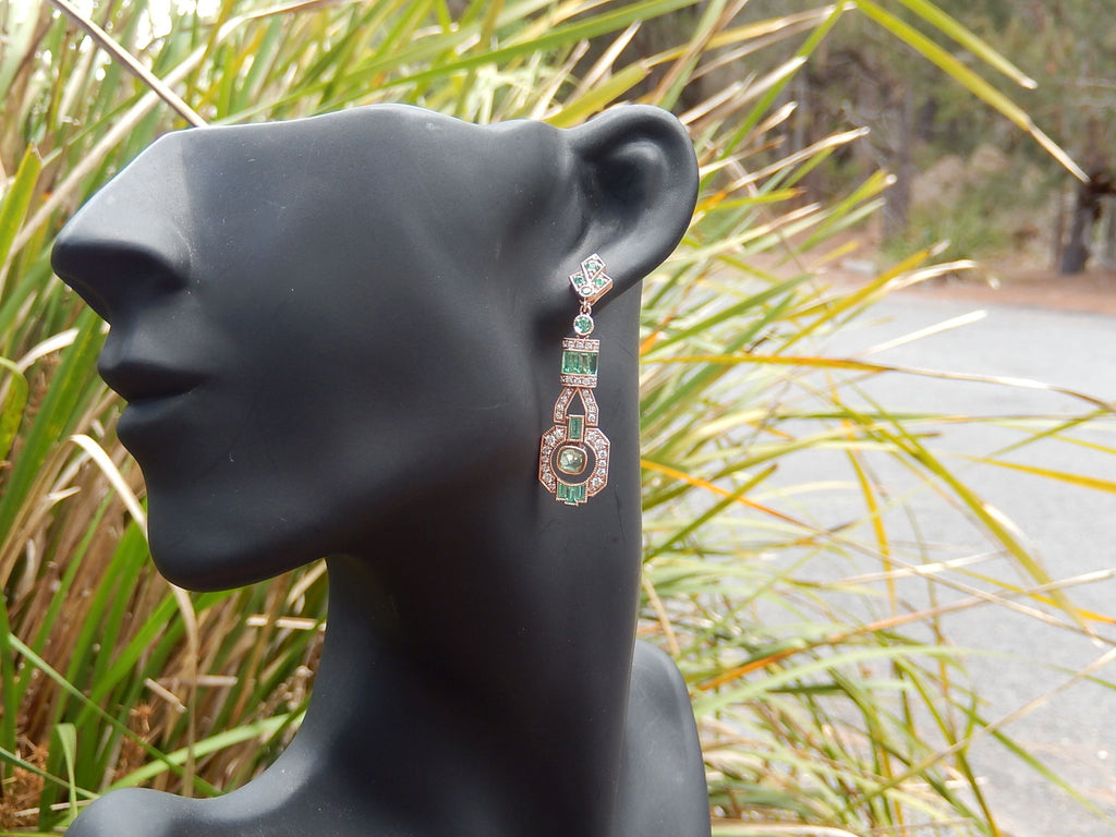 Colombian Emerald and Diamond Art Deco Style Earrings in 18ct Rose Gold