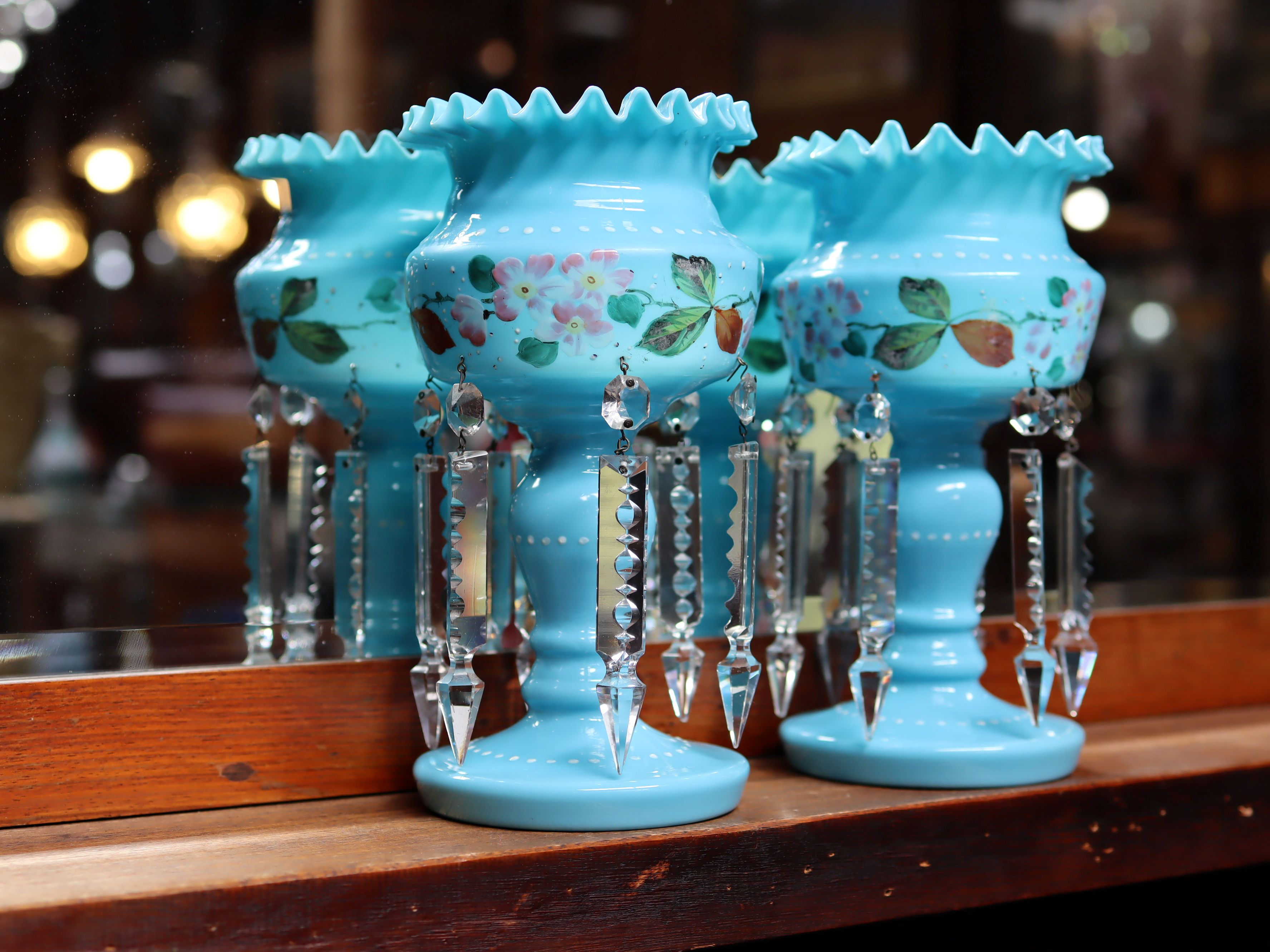 Victorian Milk Glass Mantle Lustres c.1890