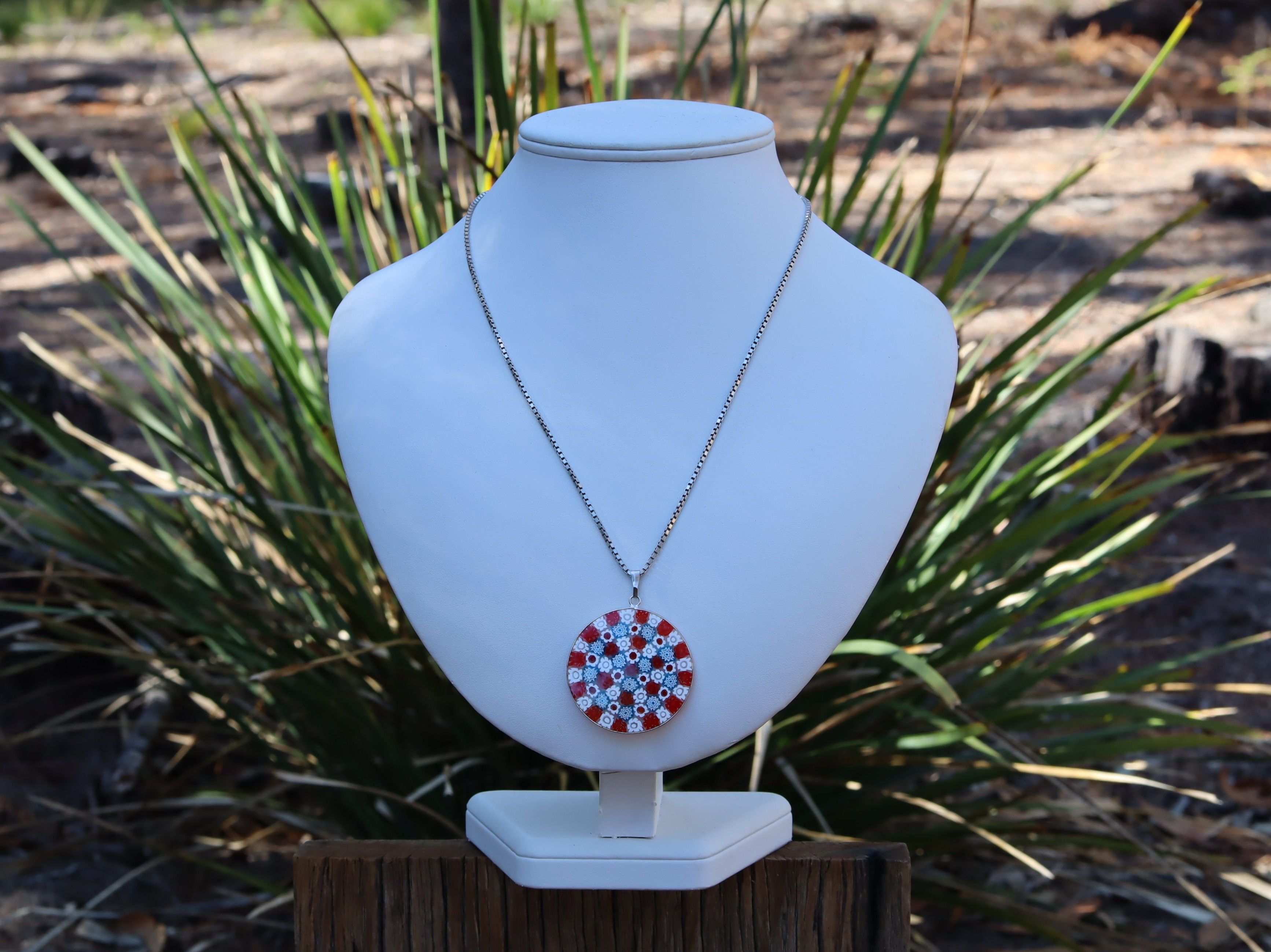 Millefiori Sterling Silver Pendant on Box Chain
