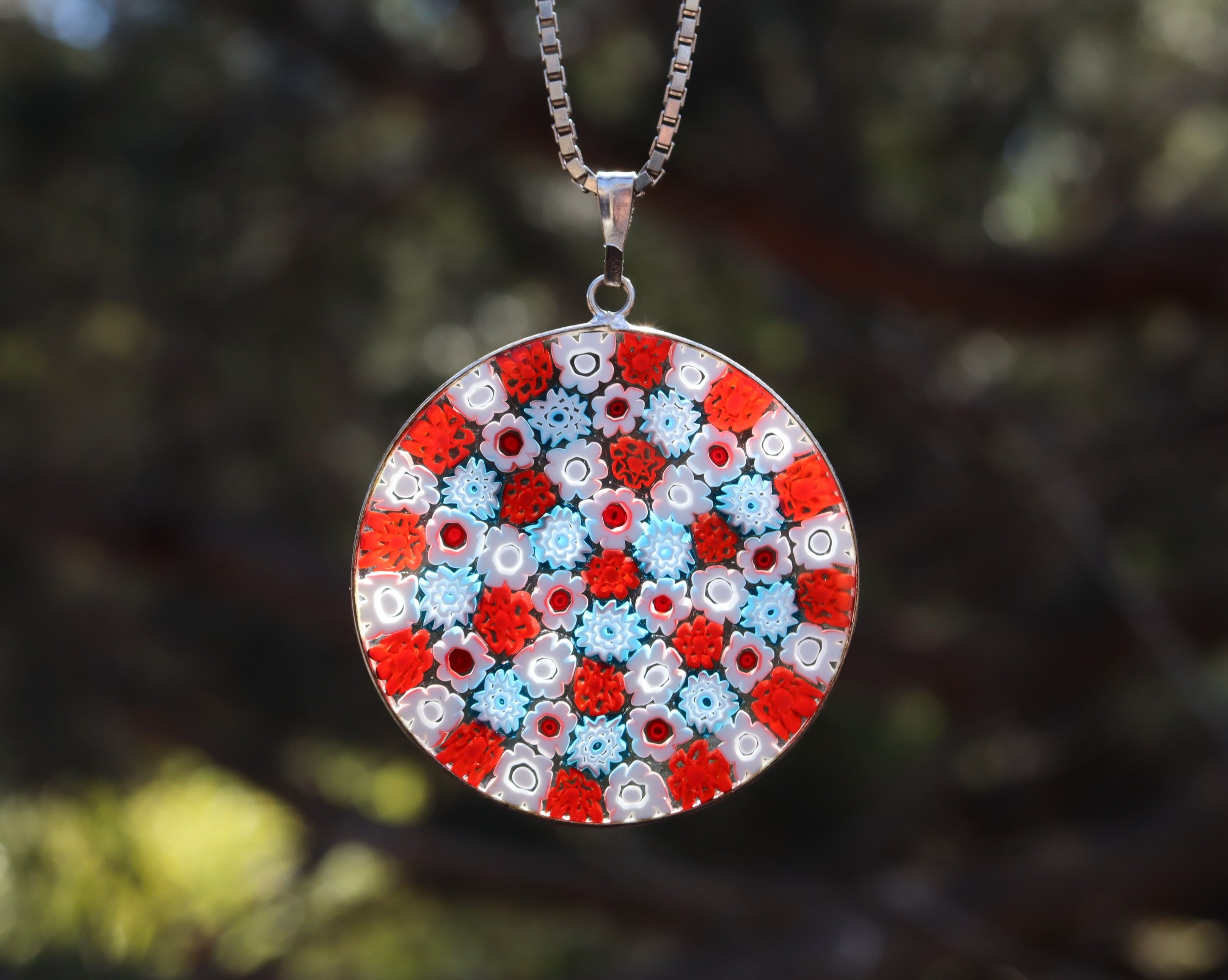 Millefiori Sterling Silver Pendant on Box Chain