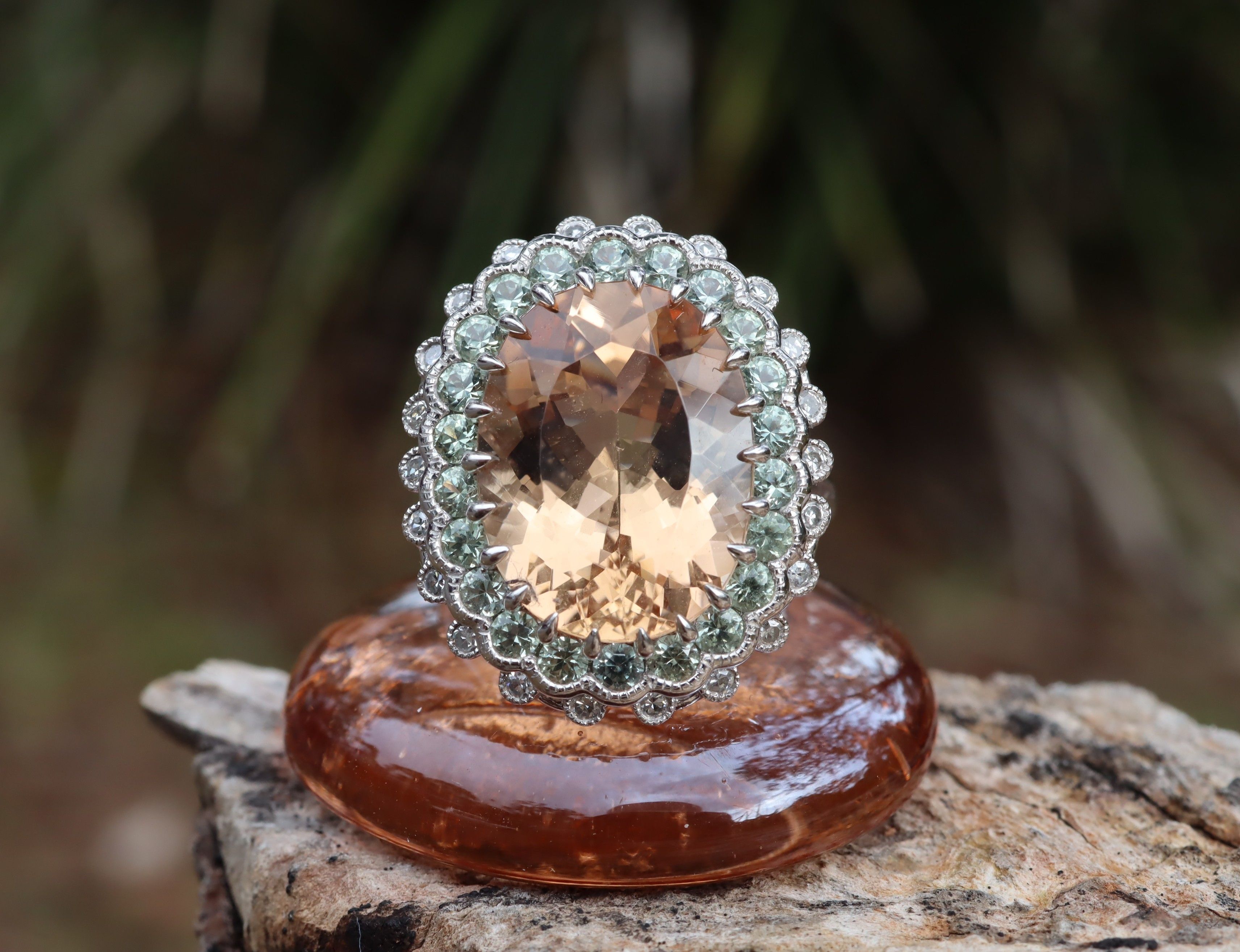 Morganite, Sapphire and Diamond Ring in Platinum