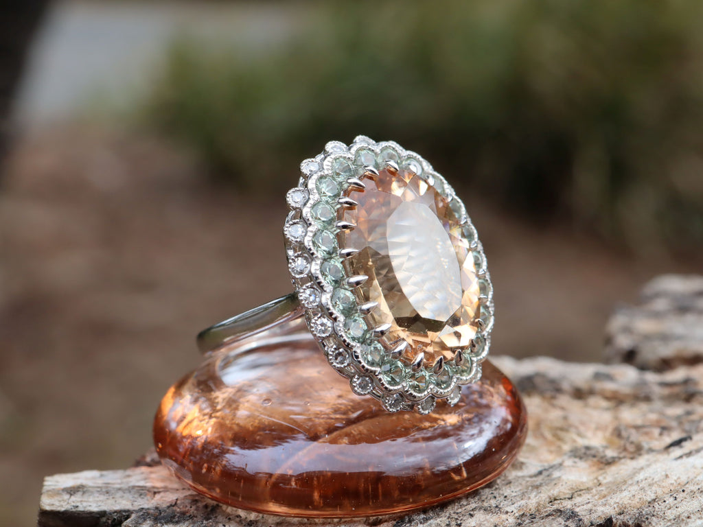 Morganite, Sapphire and Diamond Ring in Platinum