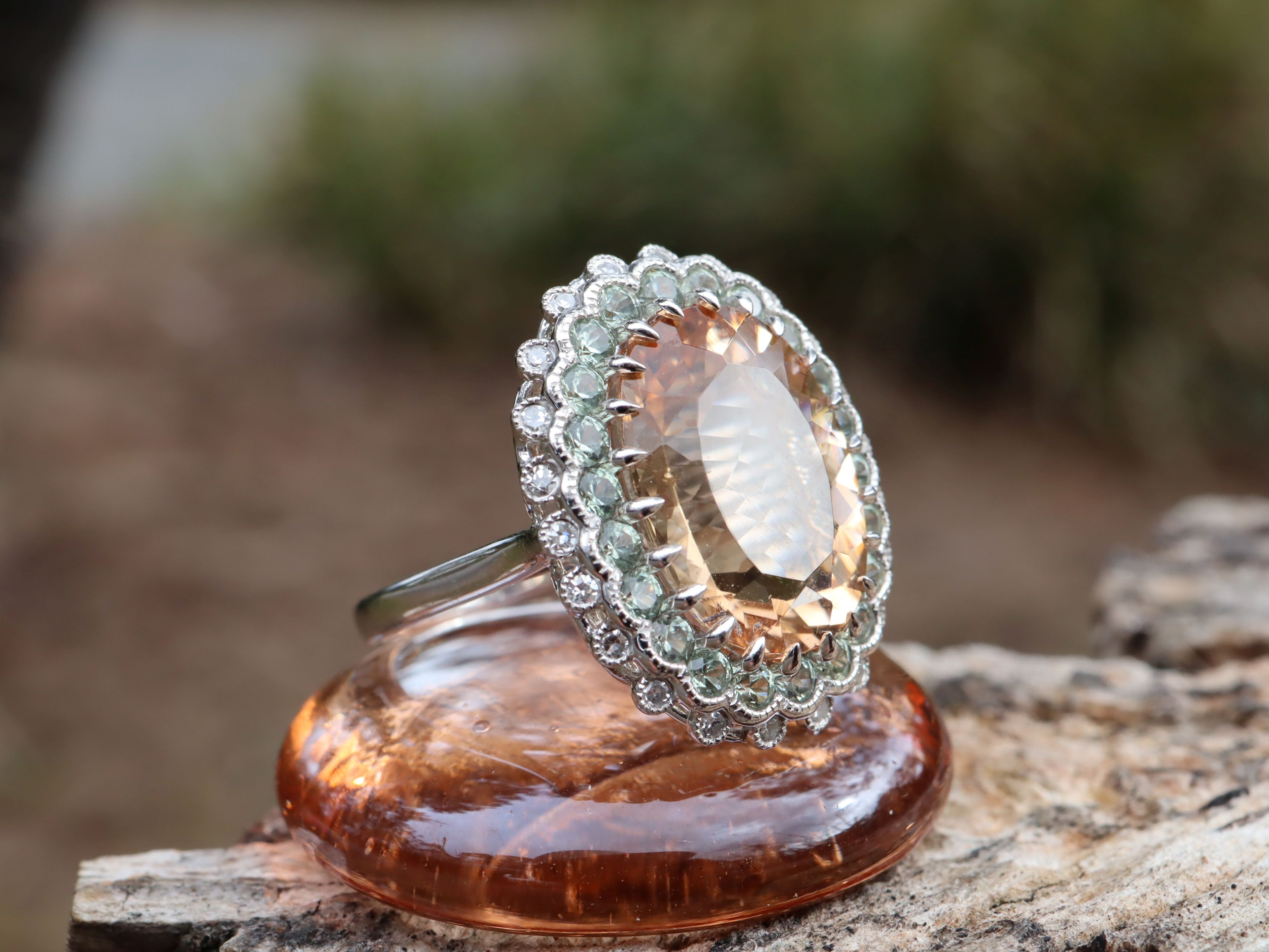Morganite, Sapphire and Diamond Ring in Platinum