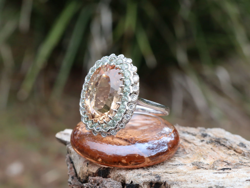 Morganite, Sapphire and Diamond Ring in Platinum