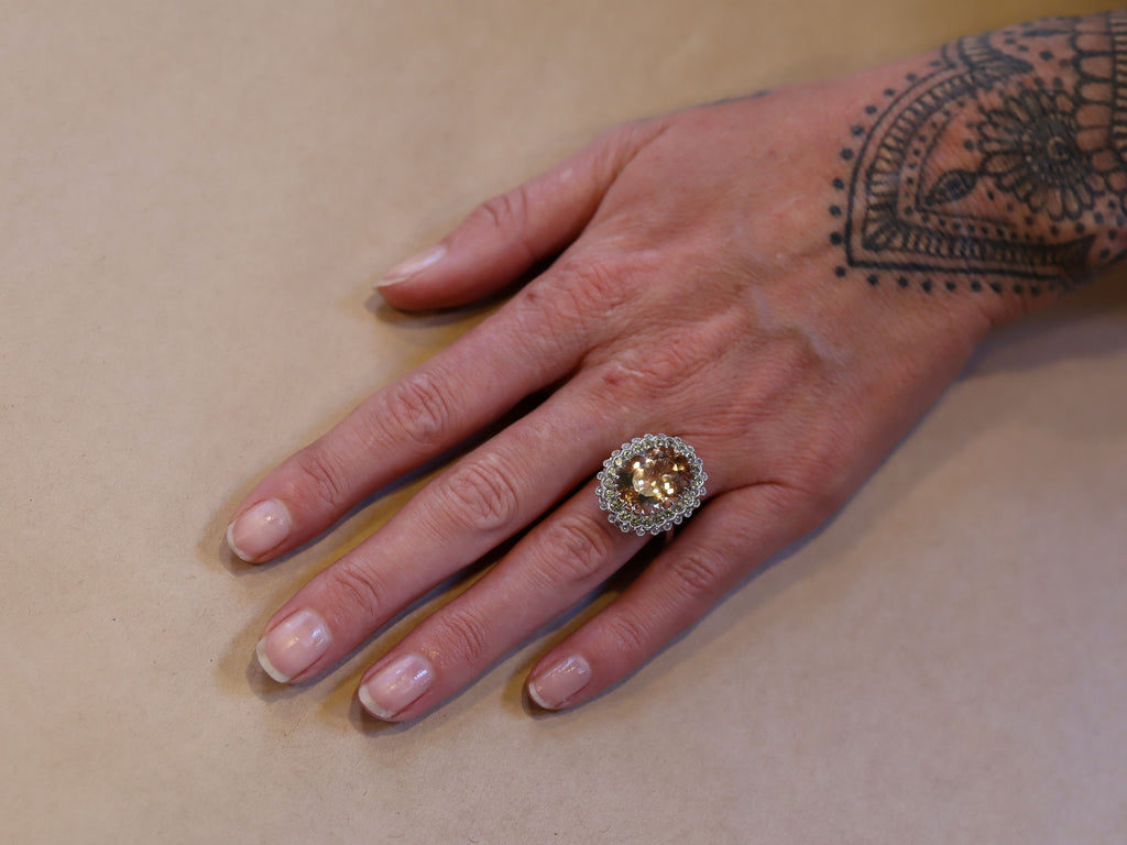 Morganite, Sapphire and Diamond Ring in Platinum