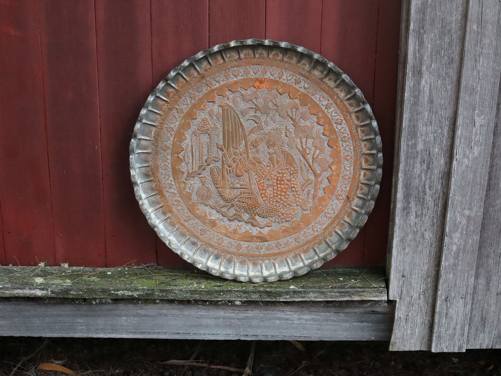 Vintage Persian Copper Ghalamzani Tray With Tin Wash