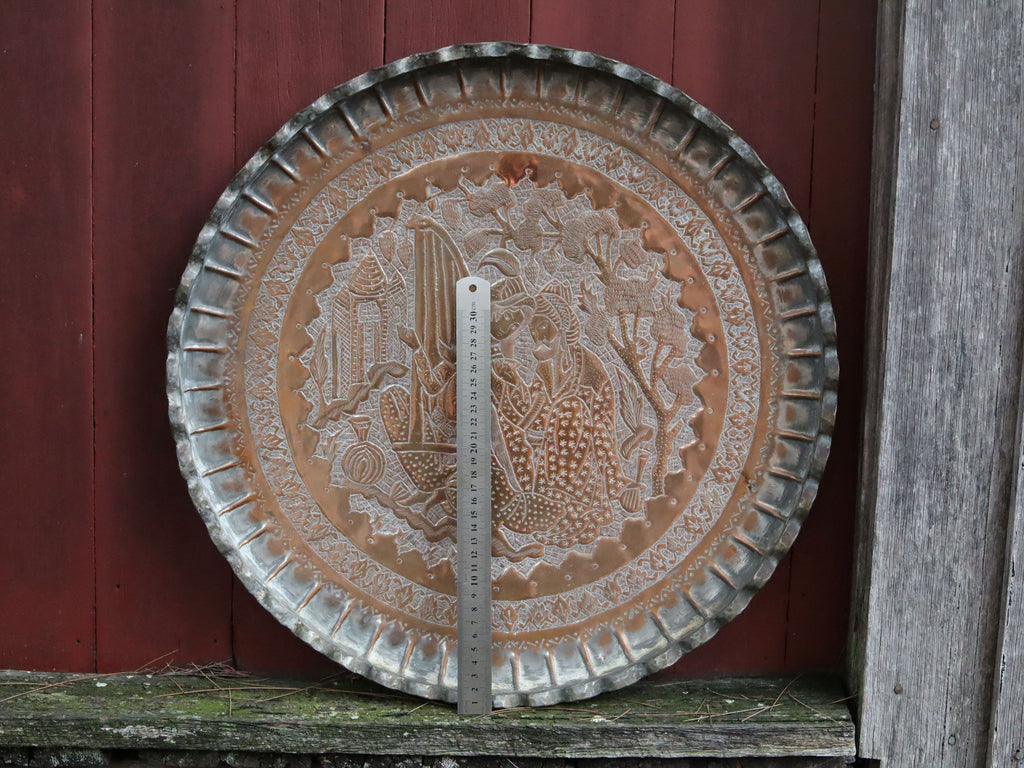 Vintage Persian Copper Ghalamzani Tray With Tin Wash