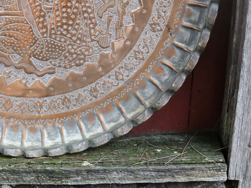 Vintage Persian Copper Ghalamzani Tray With Tin Wash